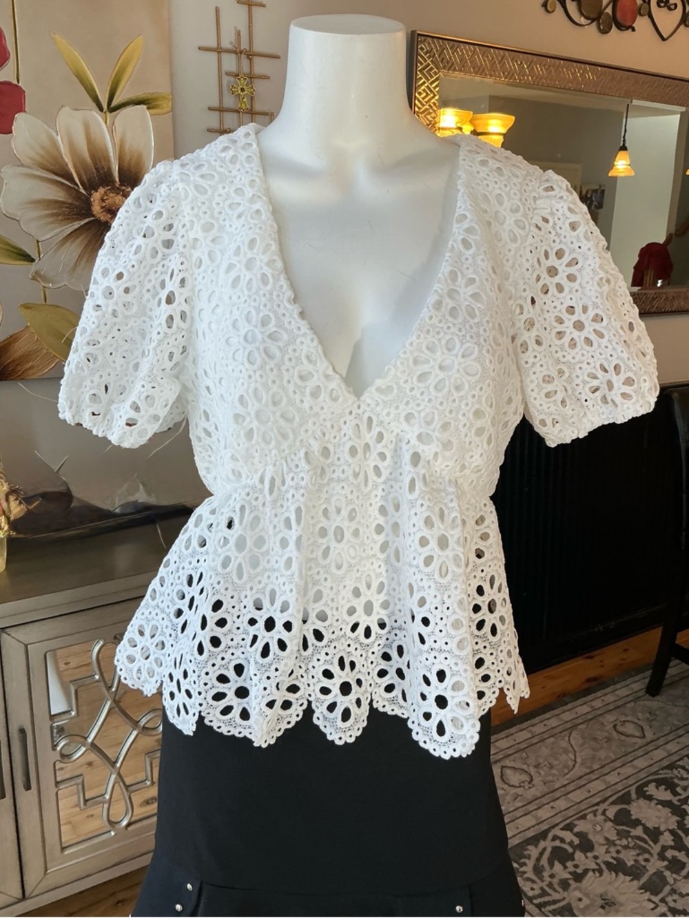 Lulus Creamy White Lacey Blouse Floral Cutouts Casual Event Milkmaid V-neck SM